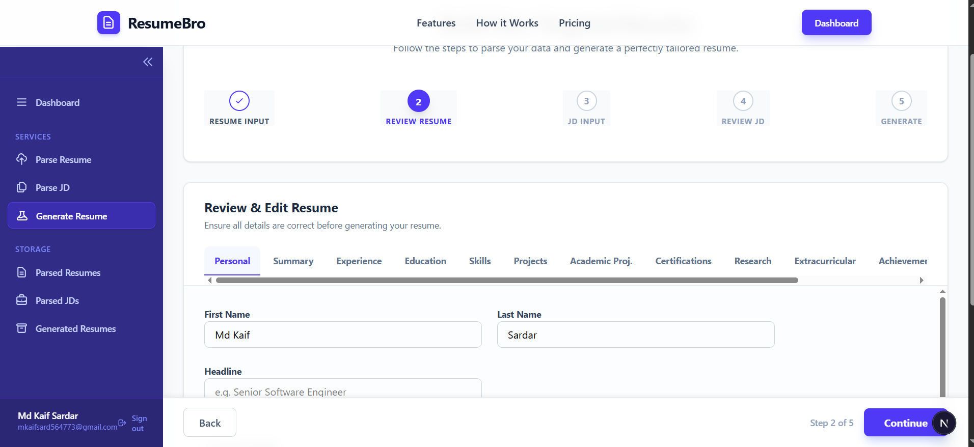 Resume generation step 2 — resume data review